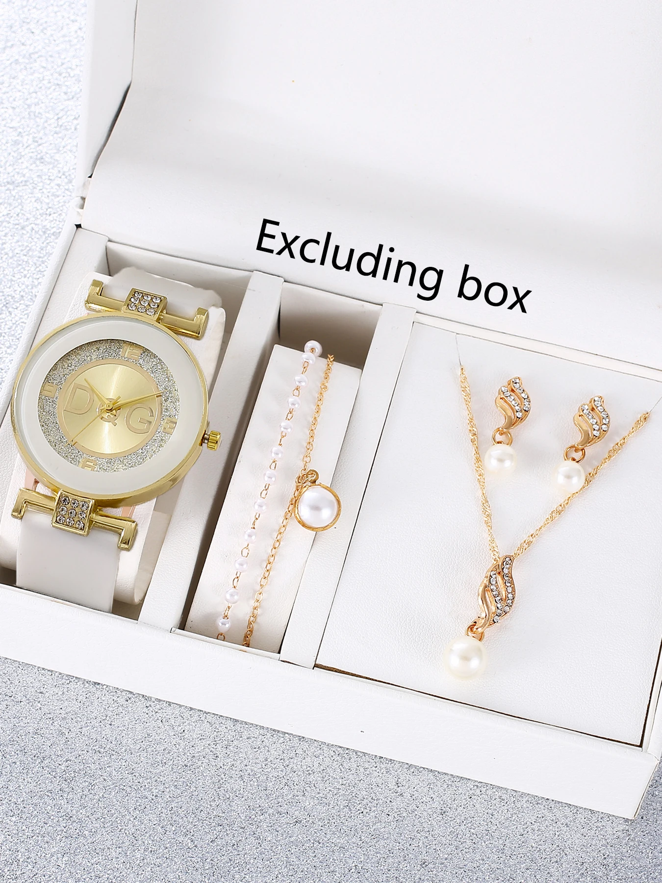 4Pcs Ladies Watch Jewelry Set Rhinestone Glitter Dial Quartz Watch Pearl Necklace & Earrings