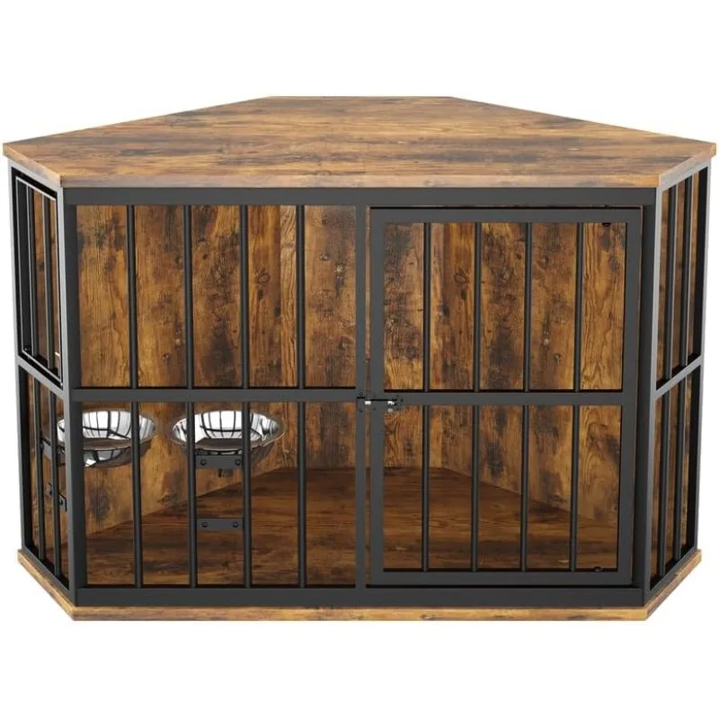 

Furniture Dog Crate Corner, Dog Kennel Corner Wooden End Table with Bowl, Indoor Pet Crates Corner Side Table for Dogs,