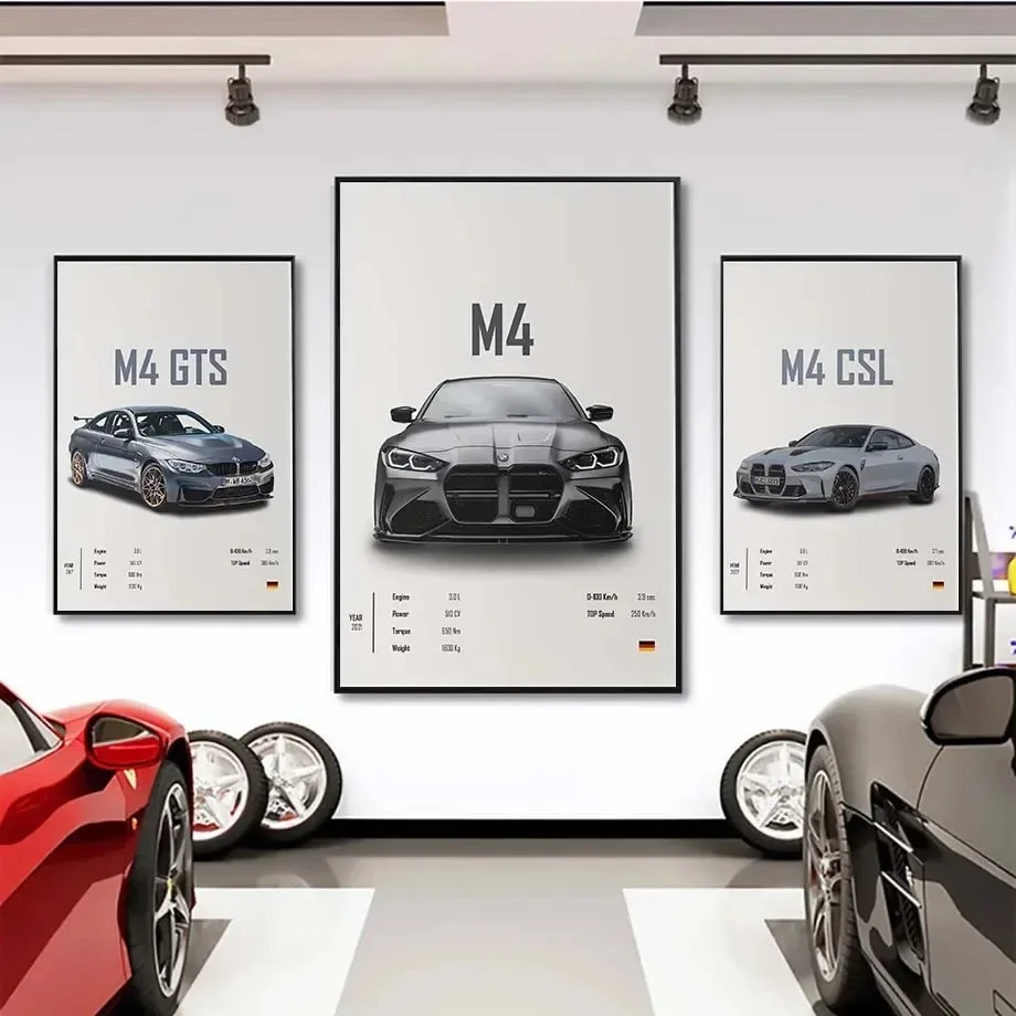 Beliebtes Retro-Poster und Drucke mit deutschen Luxus-Sportwagen wie M8, M4, R8, RS6 auf Leinwand, Wandbilder für die Heimdekoration.