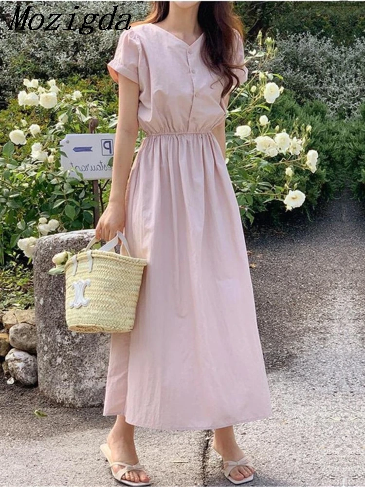 Summer V-Neck Long Dress Women Ruffle Pleated Modis Sweet Pink Ladies Dresses Korean Style Loose Casual Short Sleeve Woman Dress