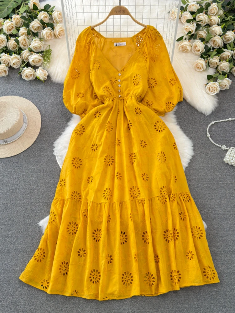 Summer Dress Women clothing Short puff Sleeved V-neck A-line Hollow Embroidered Dress Elegant Long dress