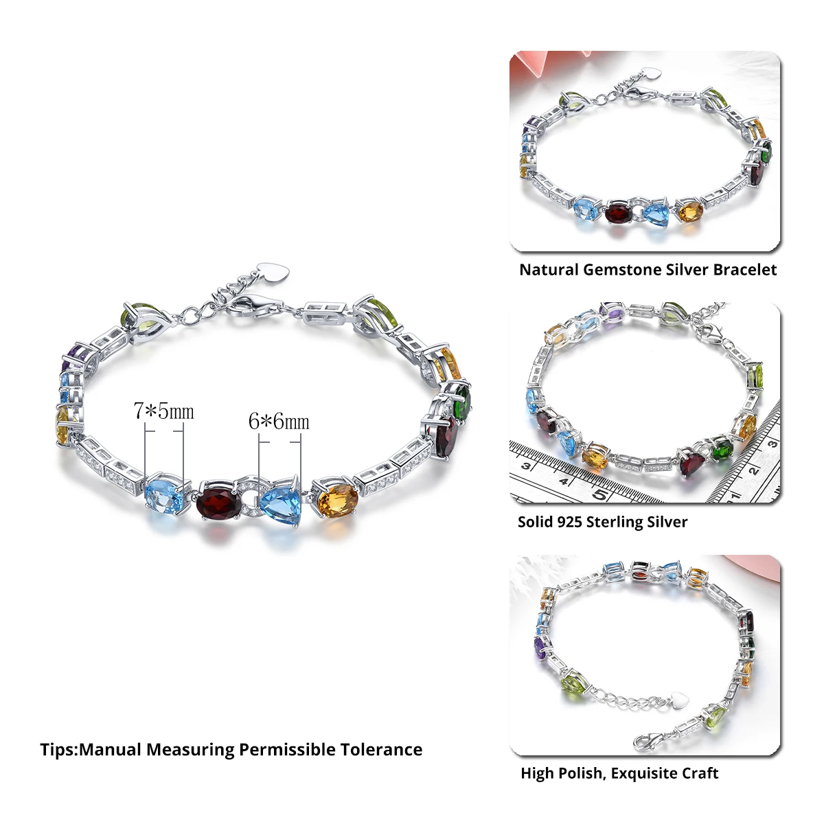 Natural Topaz Garnet Citrine Solid Silver Bracelets 8.2 Carats Multicolor Gemstone Women Classic Special Design Fine Jewelrys