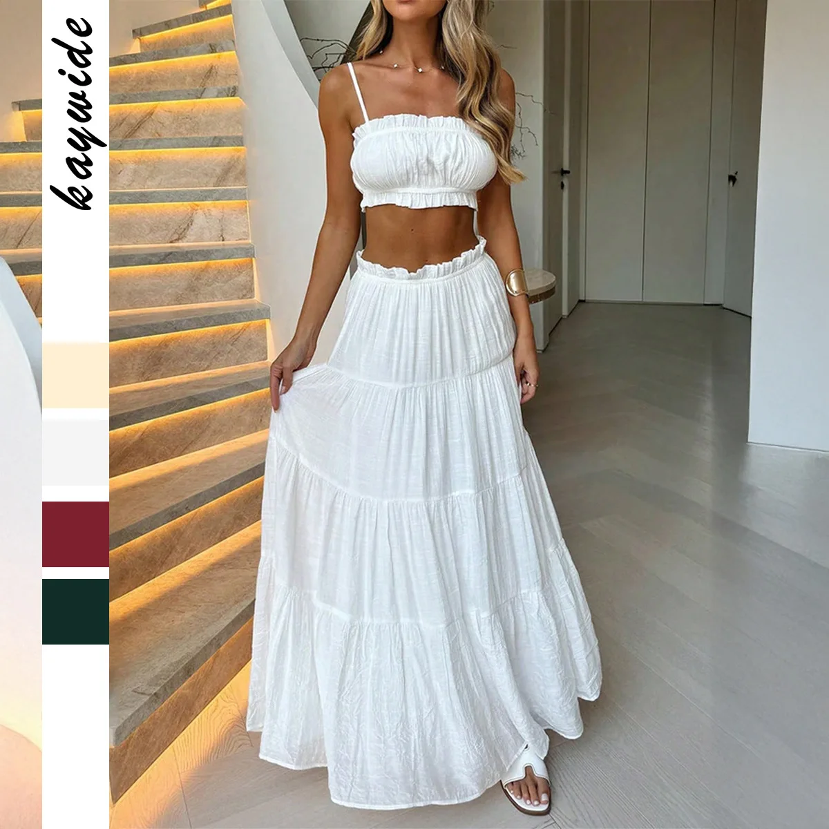 

KIDCRKJ Lady's Vacation Style Two-Piece Set Ruffled Strapless Top Elastic Waist Skirt For Female Minimalist Women's Set