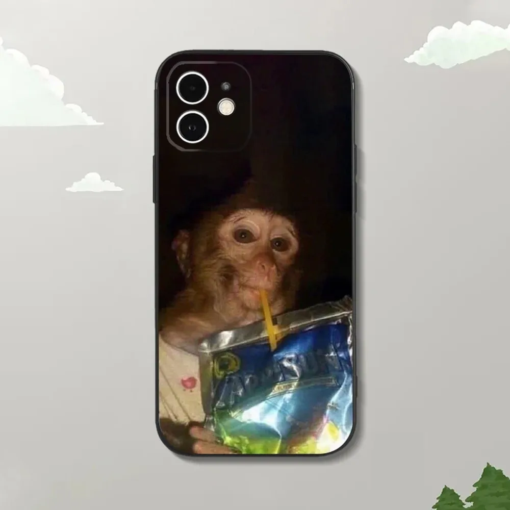 Cute Monkey Sipping Caprisun Meme Phone Case For iPhone16,15,14,13,12 Mini 11 Pro XR,X,XS,MAX 7,8 Plus Silicone Cover Soft Black