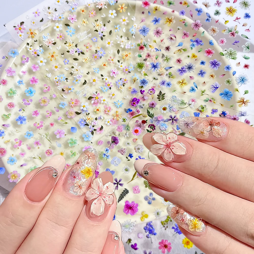 1 قطعة 5D الزهور المجففة مسمار ملصقات الذهب احباط ديزي البنفسجي زهر الخوخ حية الزهور البرية مسمار الشارات DIY بها بنفسك الربيع مانيكير ديكو