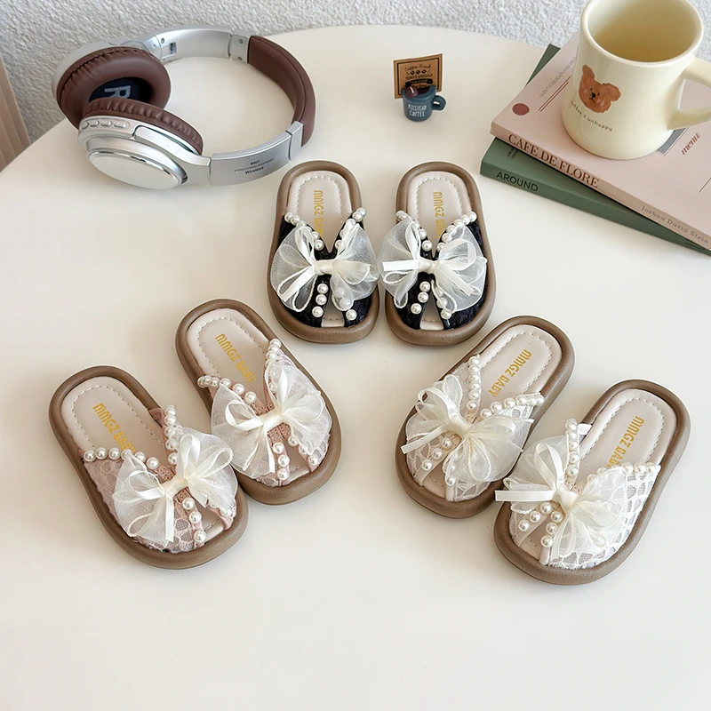 

Summer Girl's Princess Shoes Bowknot Slip-on Pearl Sweet Kid's Slippers Cover Toe Three Colors Daily Holiday Children Shoe