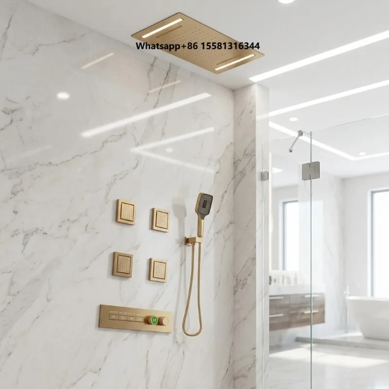 Polished Brass Wall Mount Thermostatic Rainfall Massage Shower Head System Slide Bar Ceramic Valve Core Single Hotel Apartment