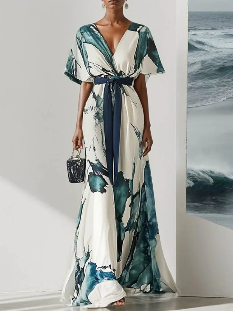 

Freeacy Watercolor Printed Elegant Maxi Dress for Women 2025 Summer V-neck Lace-up Waist Batwing Sleeves Pleated Party Dresses