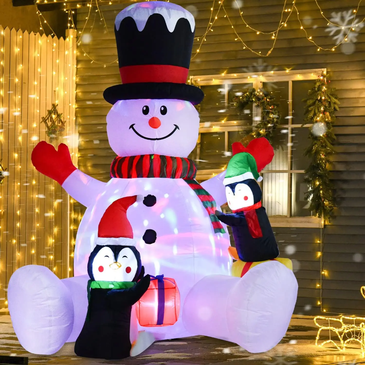 7ft Opblaasbare Kerst Sneeuwman Met Pinguïns Roterende Veranderende Led Verlichting Xmas Vakantie Opblazen Decoratie Outdoor Feest Speelgoed