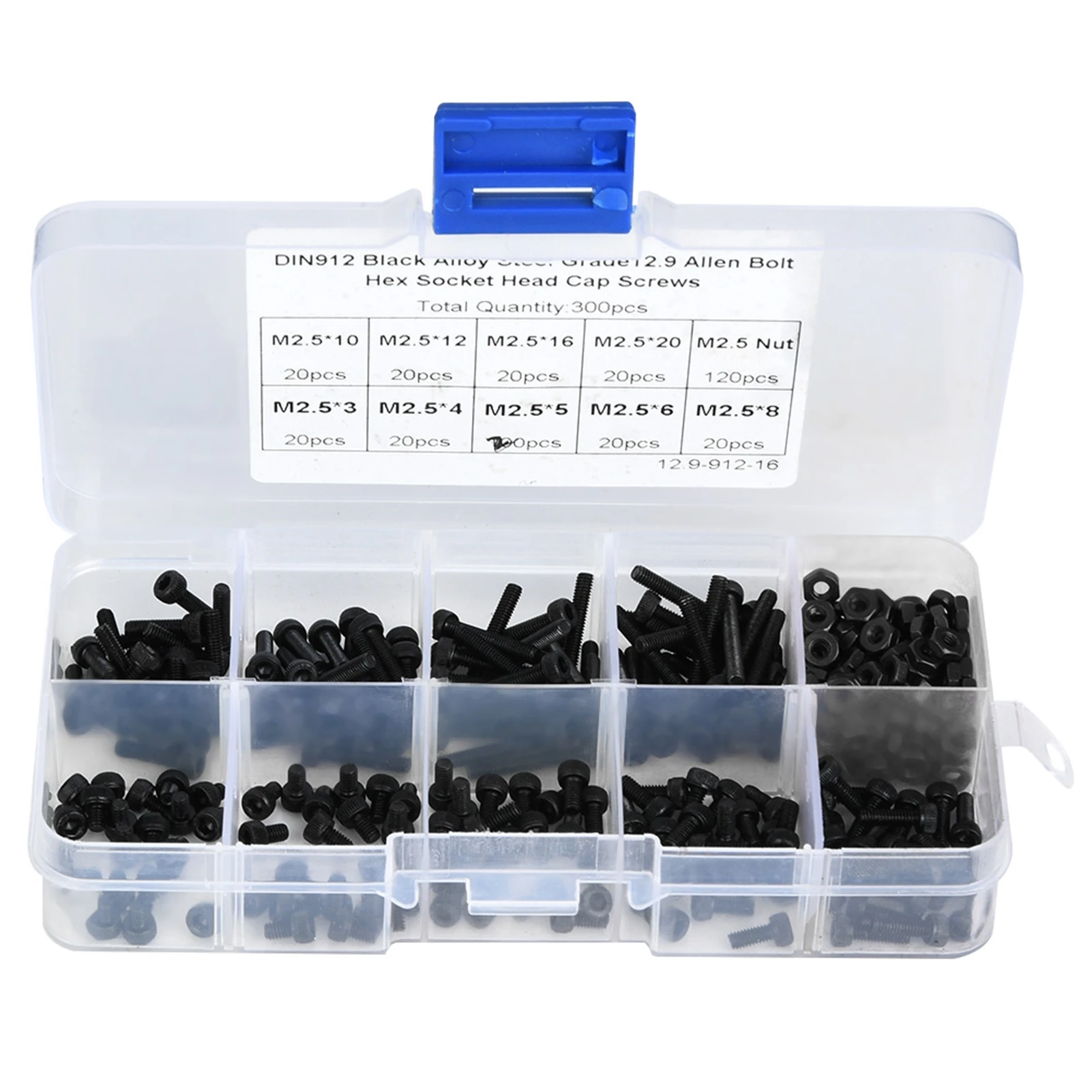 300pcs M2.5 x 3-20mm 12.9 Grade Black Alloy Steel Hex Socket Head Cap Screw Bolt with Nut