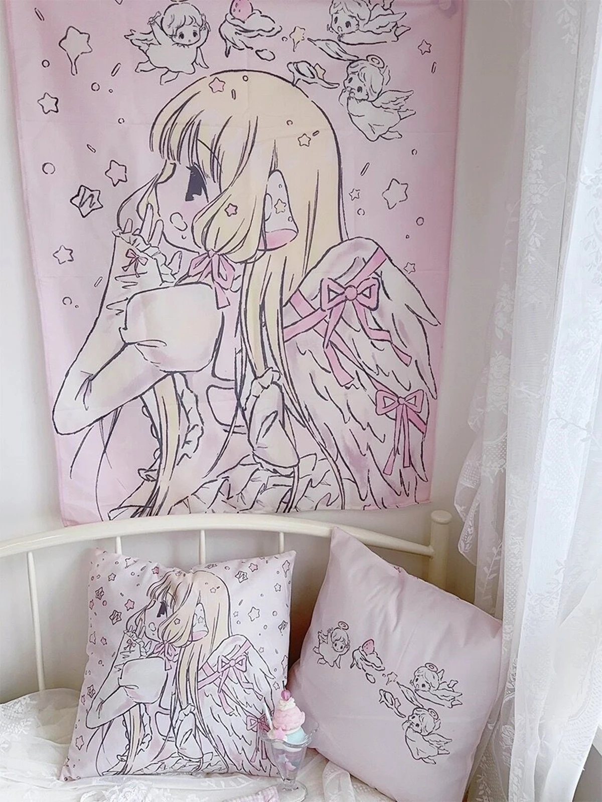 Tapeçaria de parede para decoração de casa, Kawaii Anime Pink Girl, fundo do quarto, bonito moda tapeçarias para senhora