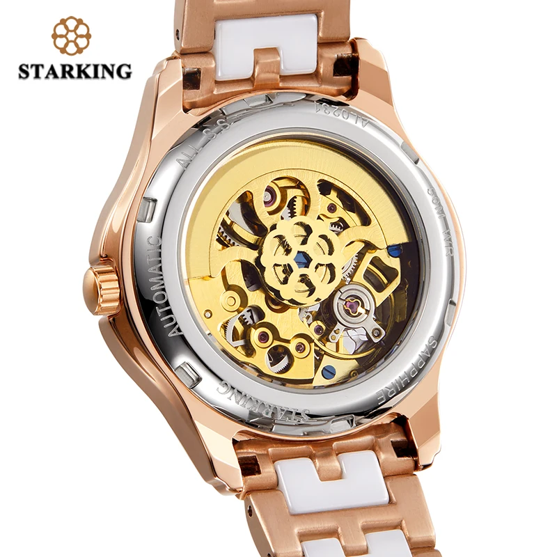 STARKING 34Mm Tự Động Dây Hoa Hồng Vàng Thép Không Gỉ Vogue Đầm Đồng Hồ Trong Suốt Dây Nữ Cơ Đồng Hồ Nữ