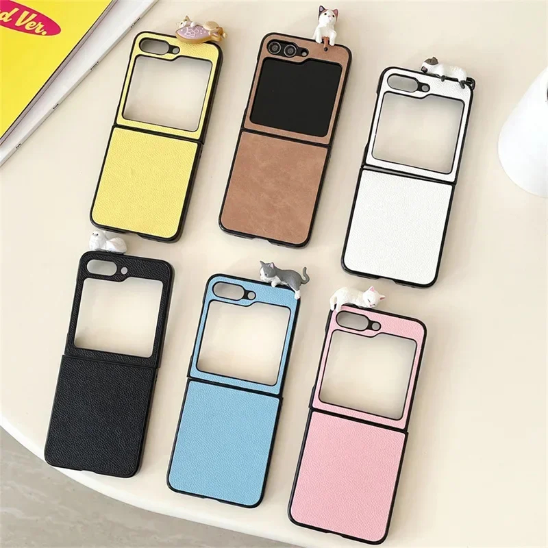 Liggende Kat PU Lederen Telefoon Case voor Samsung Galaxy Z Flip Z Fold 6 5 4 3 Beschermende Achterkant voor ZFold6 ZFlip6 Case