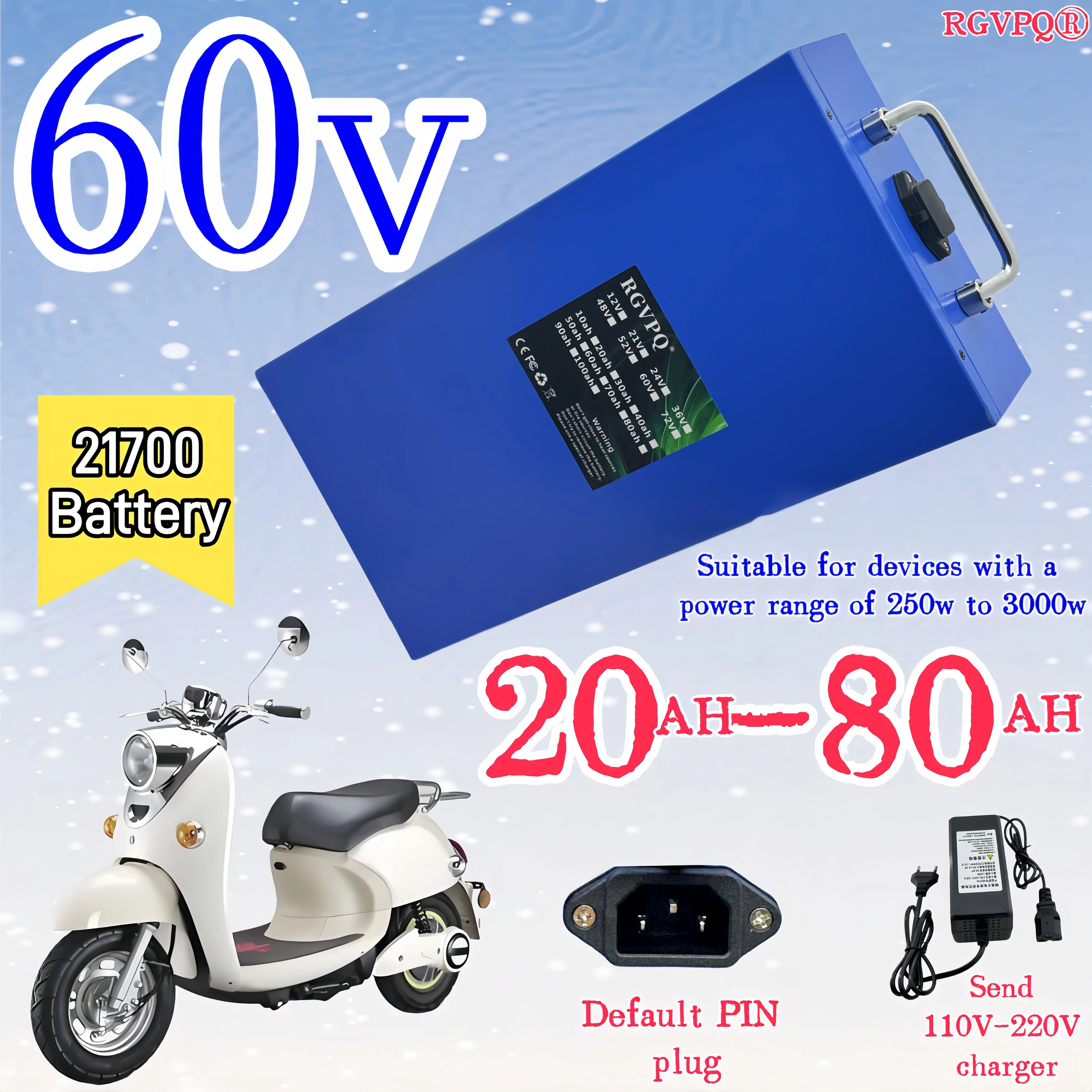 

21700 new 60V 20AH40Ah 50Ah 60Ah 70Ah 80Ah lithium battery pack with built-in BMS 3500W motorcycle tricycle yacht solar energy