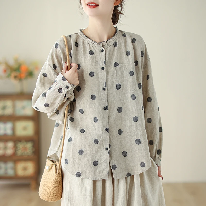 Kemeja Linen katun polkadot Vintage musim panas musim semi blus Retro longgar kasual lengan panjang wanita atasan