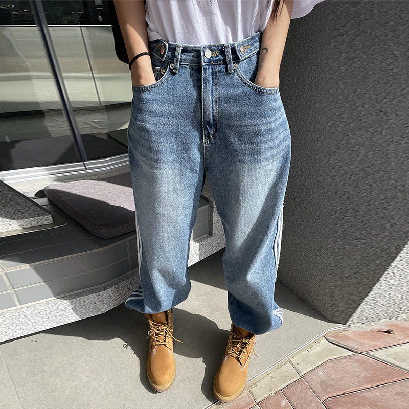 Celana Jeans Wanita High Waist Wide Leg Musim Semi Musim Panas Musim Gugur Gaya Kasual Desain Garis Warna Blo Celana Denim Berlipat