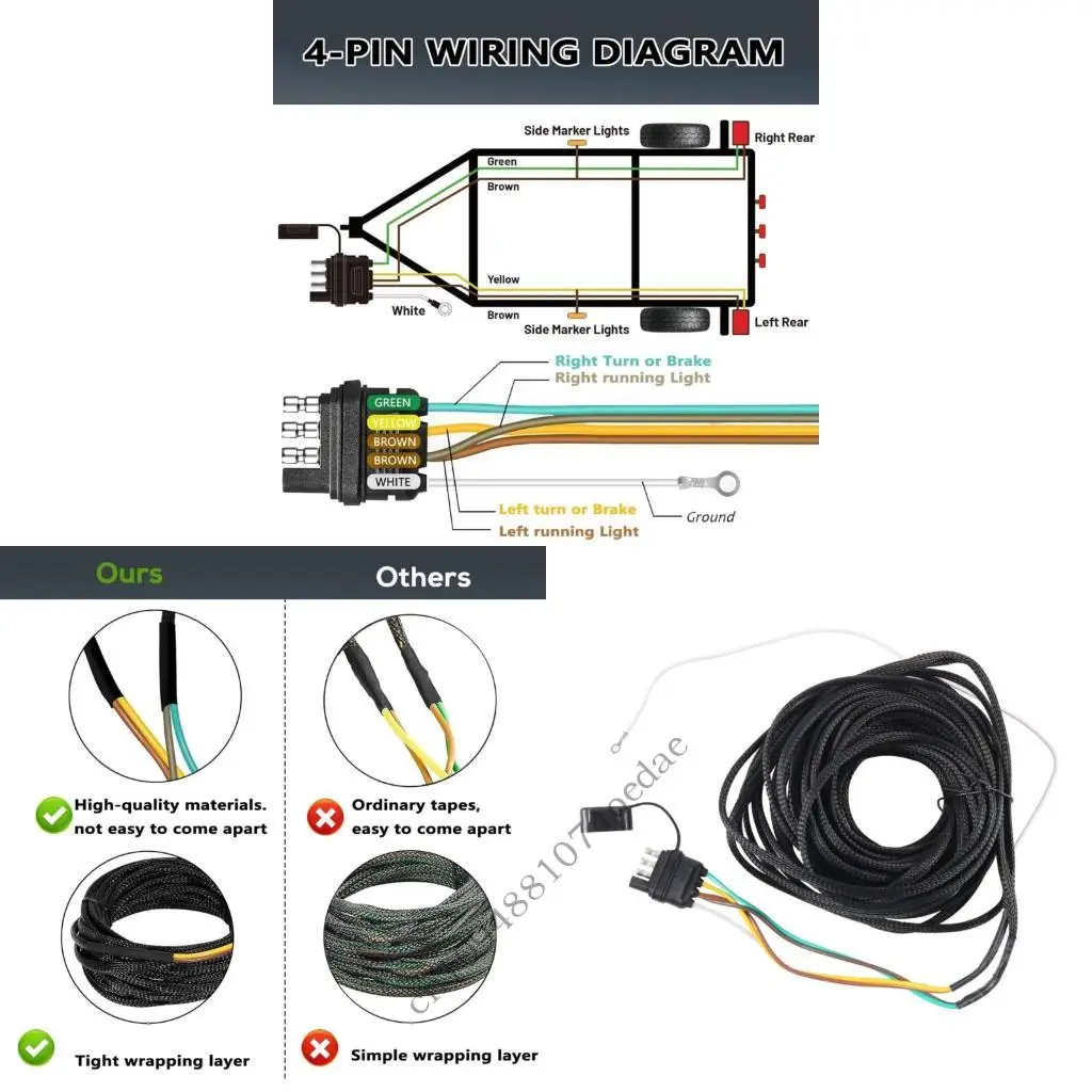 

26Ft 4 Way 5 Wire Trailer Wiring Harness With Y Connector Braided Nylon For Marine Horse ATV Trailers