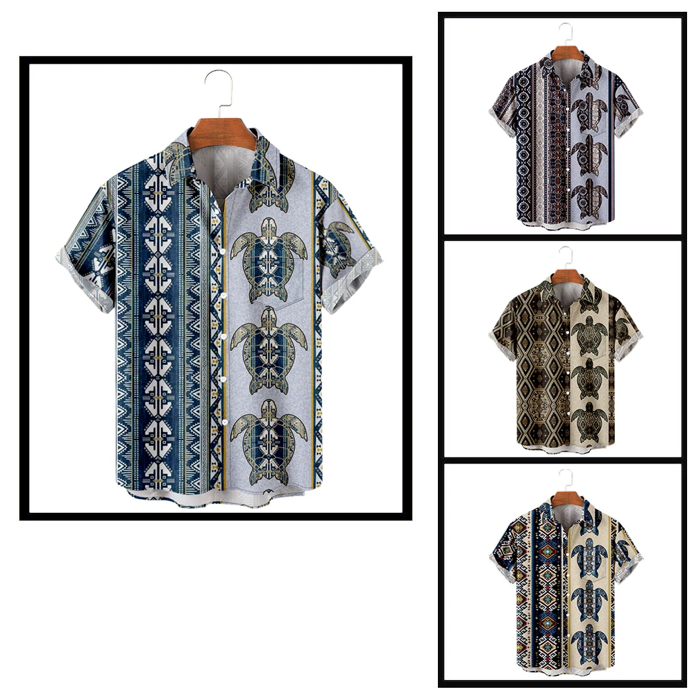 Y2k Casual Button Down Shirts For Men Bohemia Style Harajuku Color Block Turndown Outdoor Street Short Sleeve Shirt