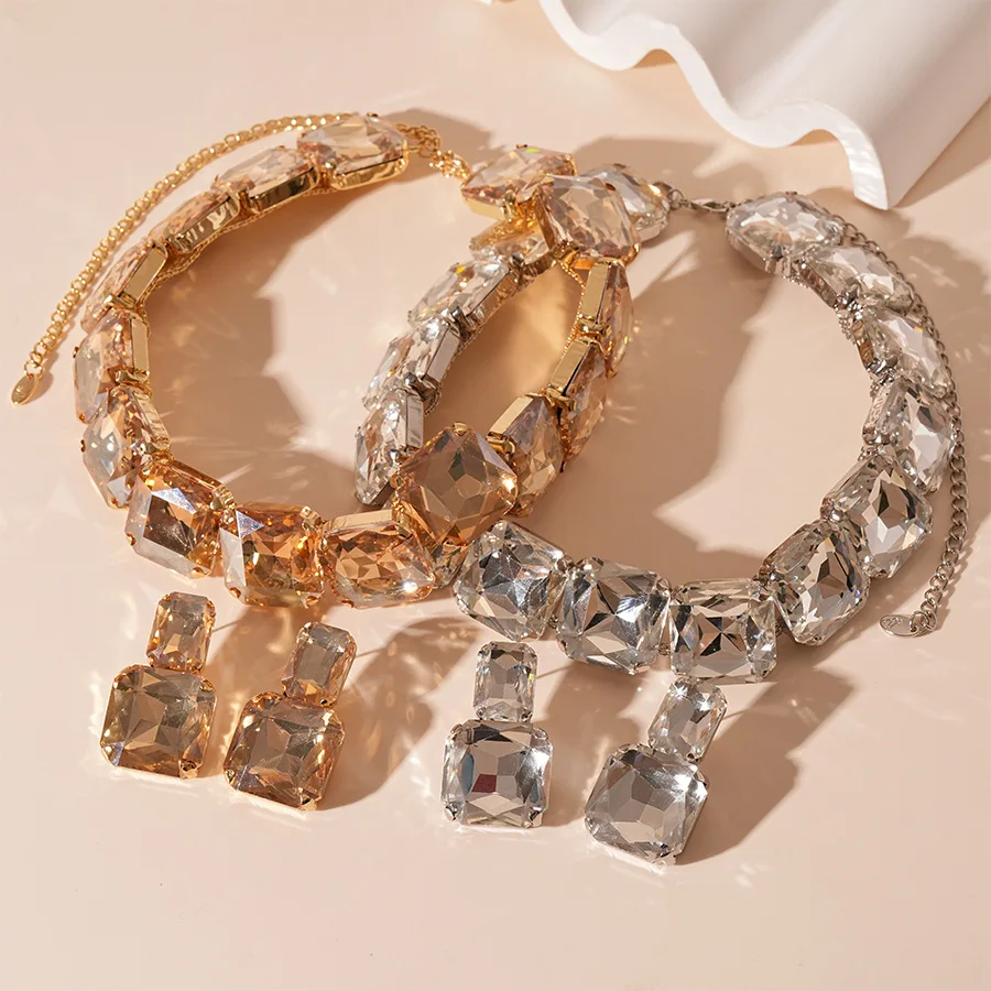 クリスタル ステートメント ネックレスとイヤリング セット、スクエア カット ラインストーン ジュエリー、シャンパン ゴールド