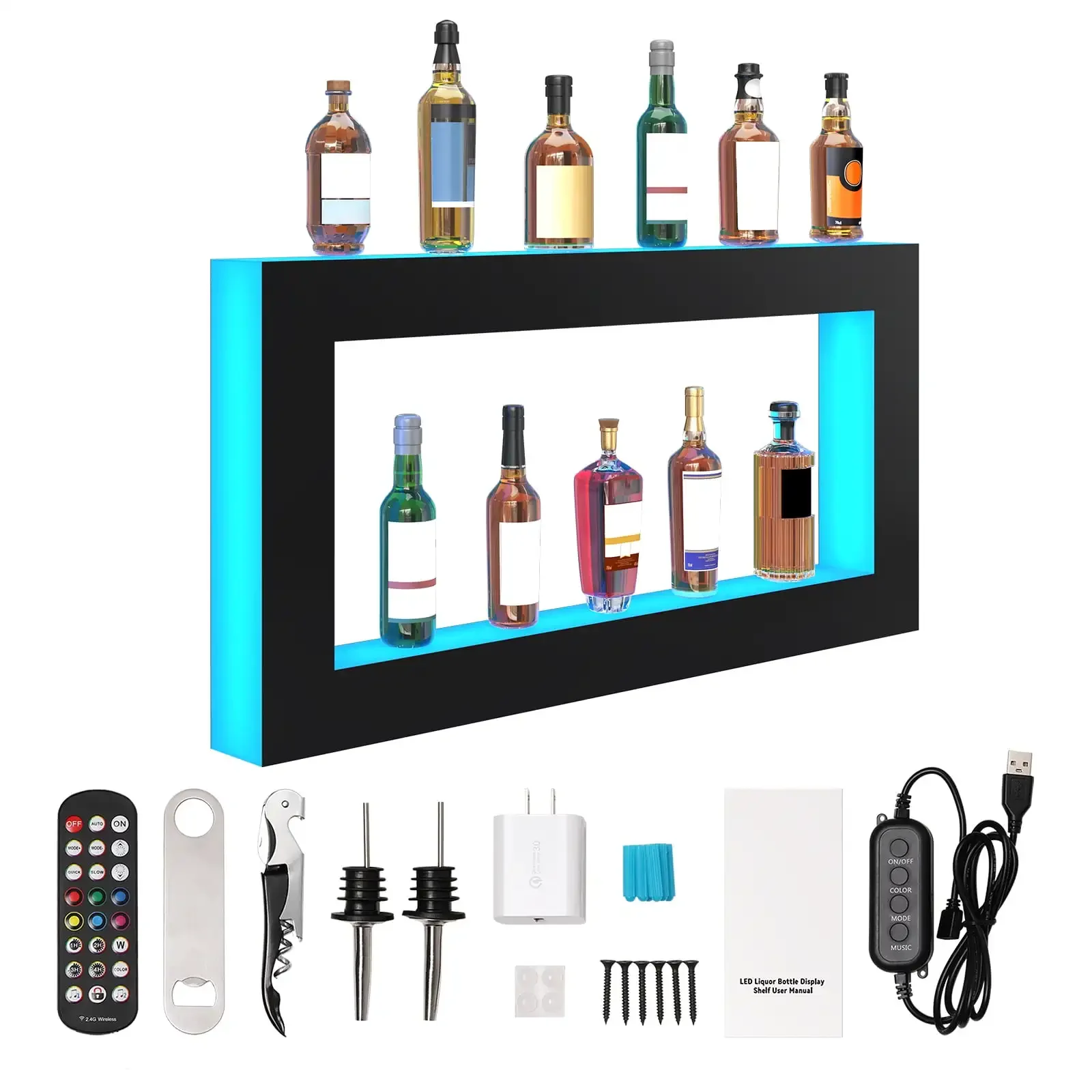 

LED Lighted Liquor Bottle Display Bar Shelf RF & App Control 48" Square
