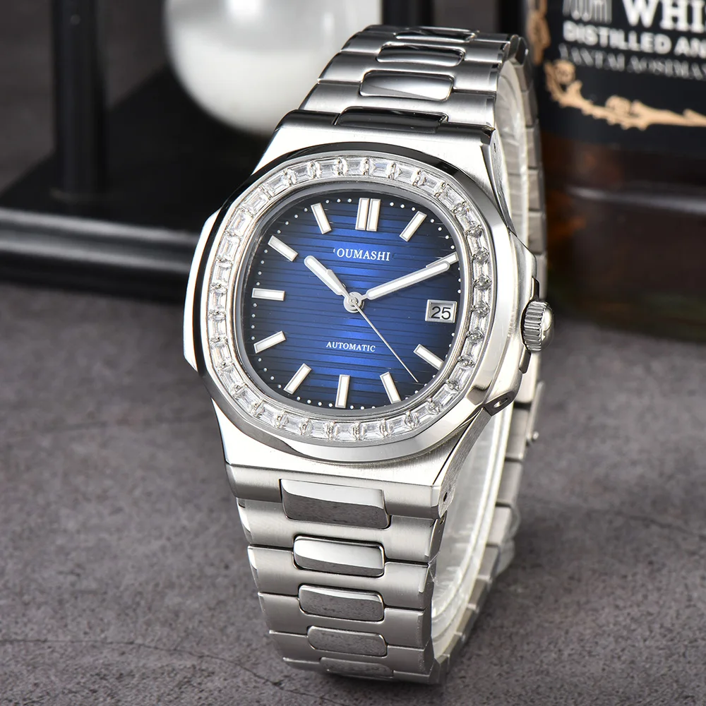 40mm Watch Men Luxurious NH35 Automatic Mechanical Watch Diamond Gemstone Stainless Steel Sapphire Glass Case Waterproof Watch