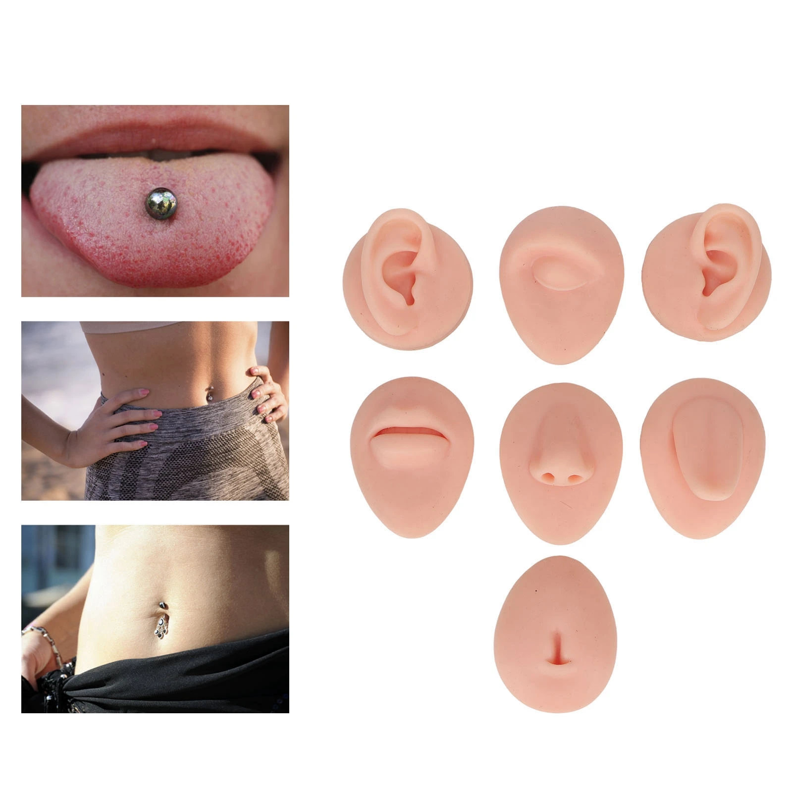Silicone Ear Model Silicone Body Practice Model Simulation Silicone Ear Eye Nose Mouth Tongue and Belly Button Model for Novice