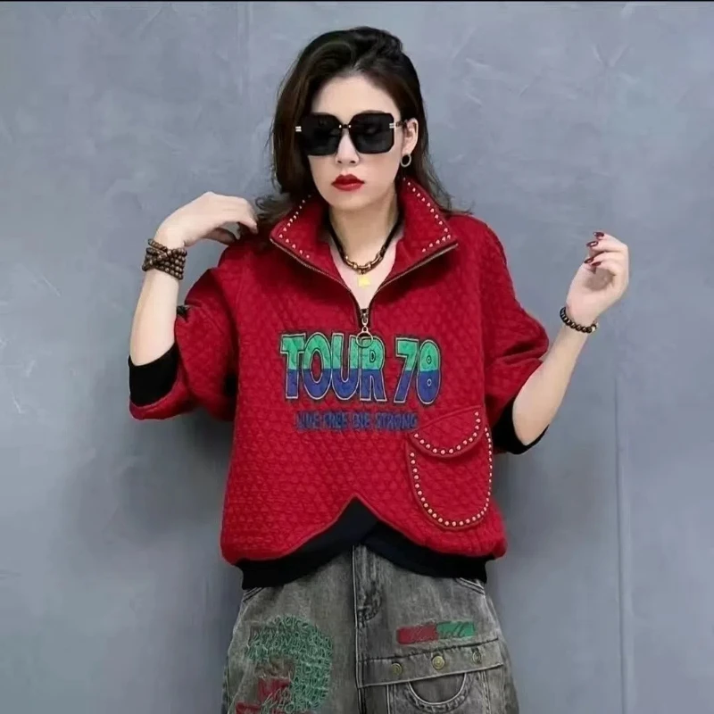 

European Autumn Winter New Fashionable and Casual Versatile Loose Stand Collar with Rivets Embroidery and Silk Cotton Hoodies