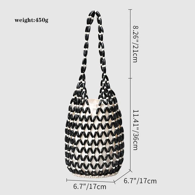Women Woven Hand Bag Hollow-out Wooden Bead Bag Bucket Shoulder Bag Female Reticulate Netted Beach Handbag - Image 4