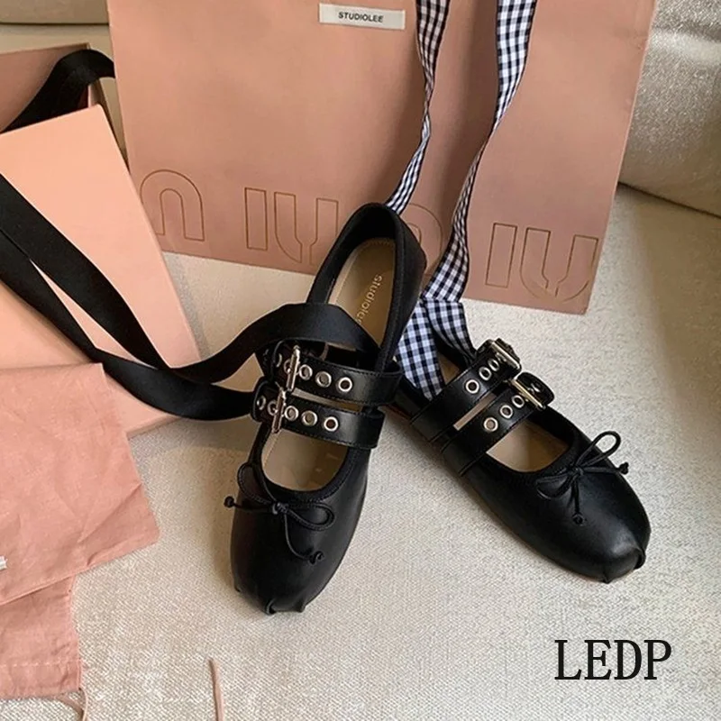 LEDP Ballet Flat Women French Retro Raised Bow Shallow Mouth 2024 Trend New Round Head Lace-up Single Shoes Kawaii Mary Jane Bow