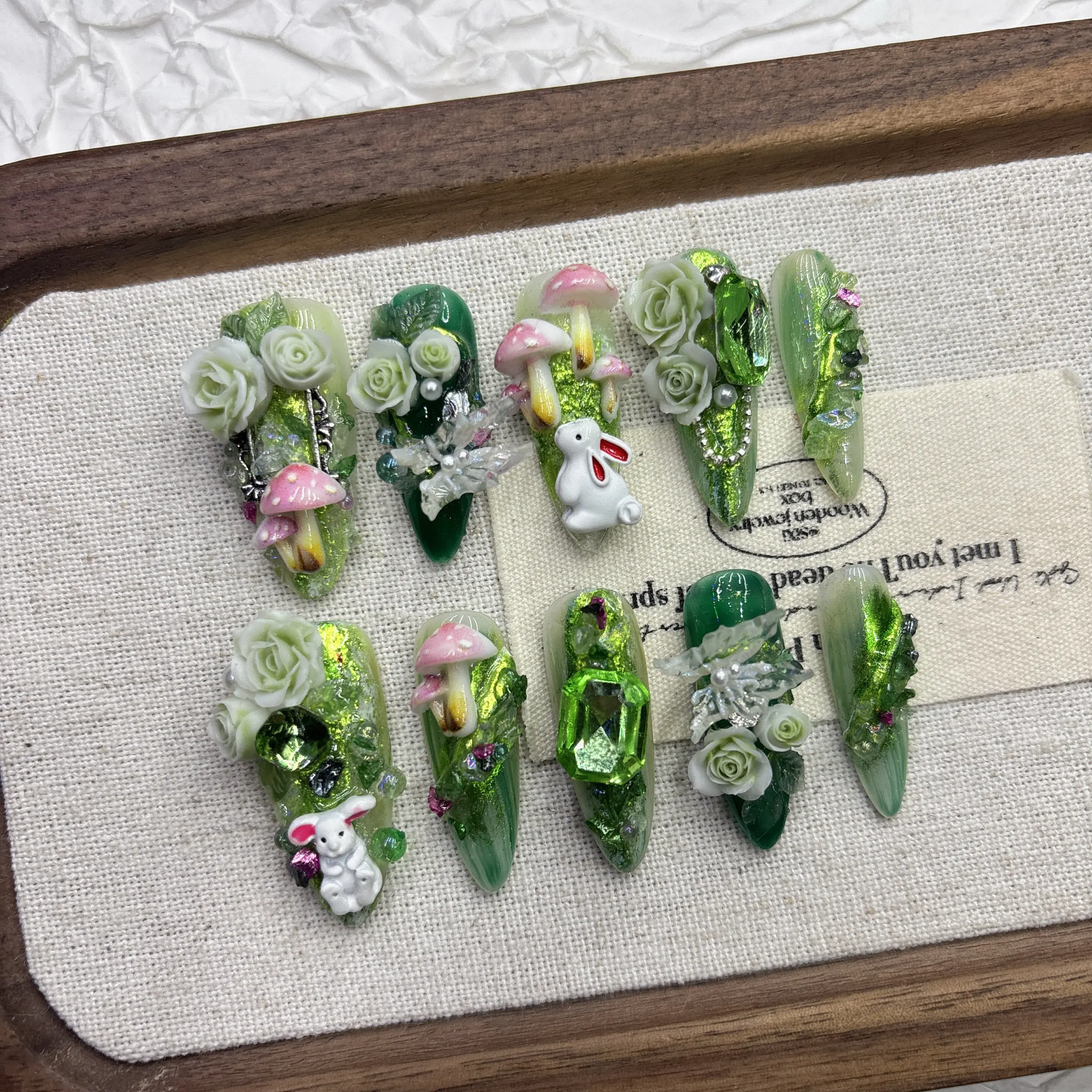 Wizard of Oz Press On Nails Long Stiletto 3D White Rose Pink Mushroom Rabbit Charms Green Pearl Nail Art Set - view 3