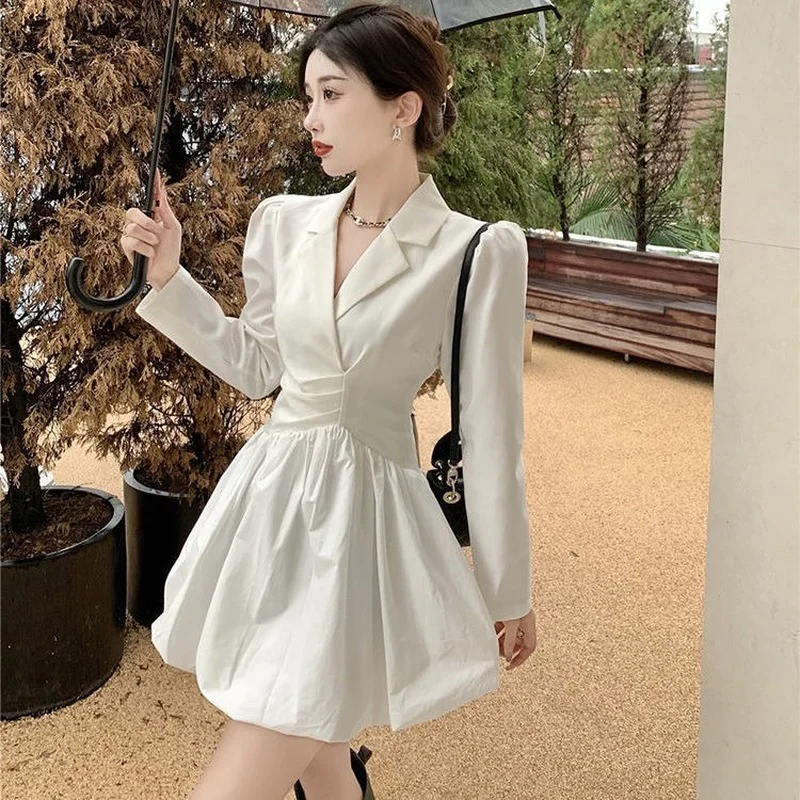 Puff Sleeve Kleid Frauen Kerb Mode-Design Solide Koreanische Stil Büro Dame Casual Elegante Tunika Alle-spiel Gemütliche Mini vestido