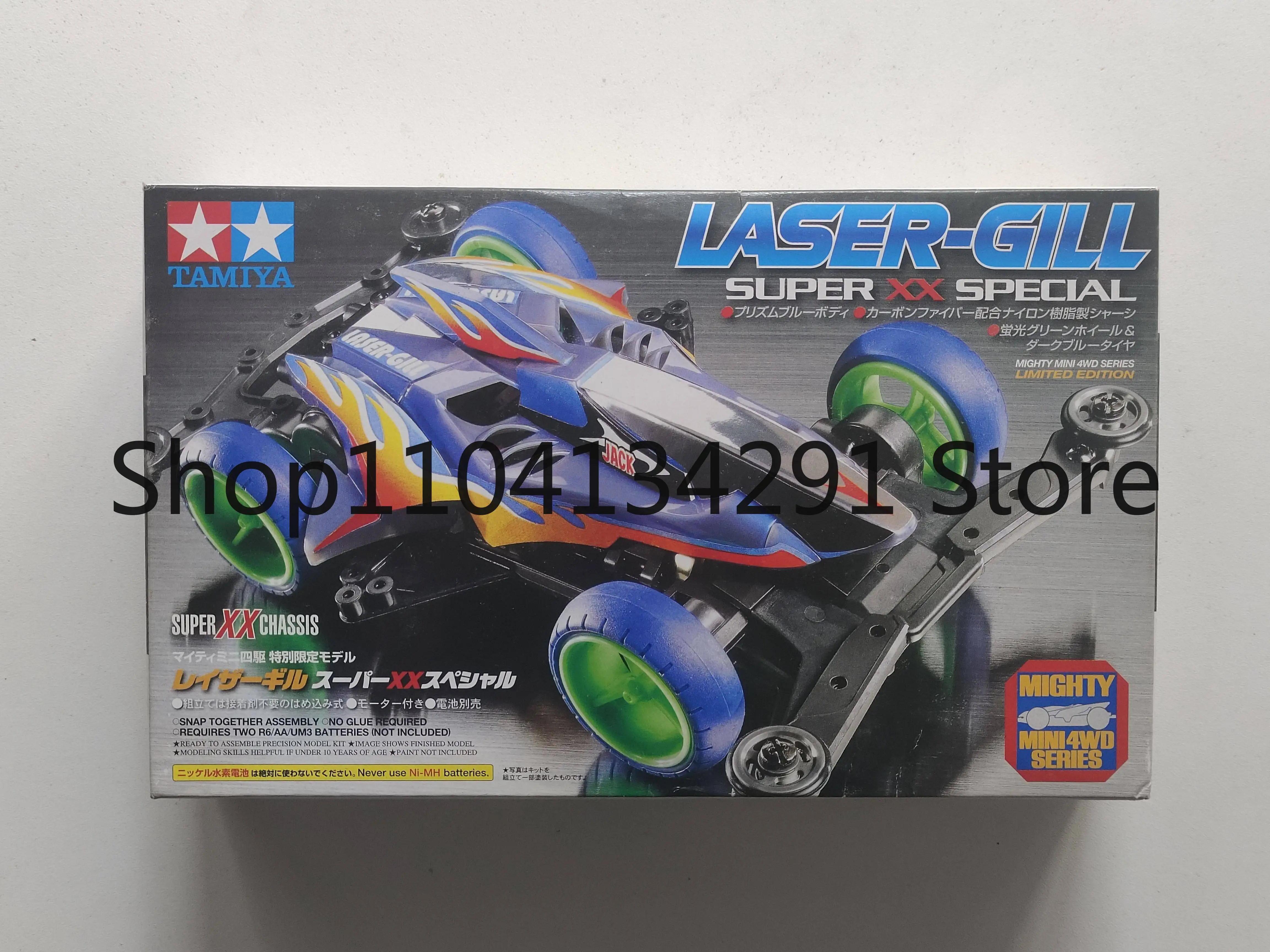 

Original Tamiya 4WD Car 94719 Electric Shark with Carbon SXX Chassis and Green Rims – Toy, Model, Collectible