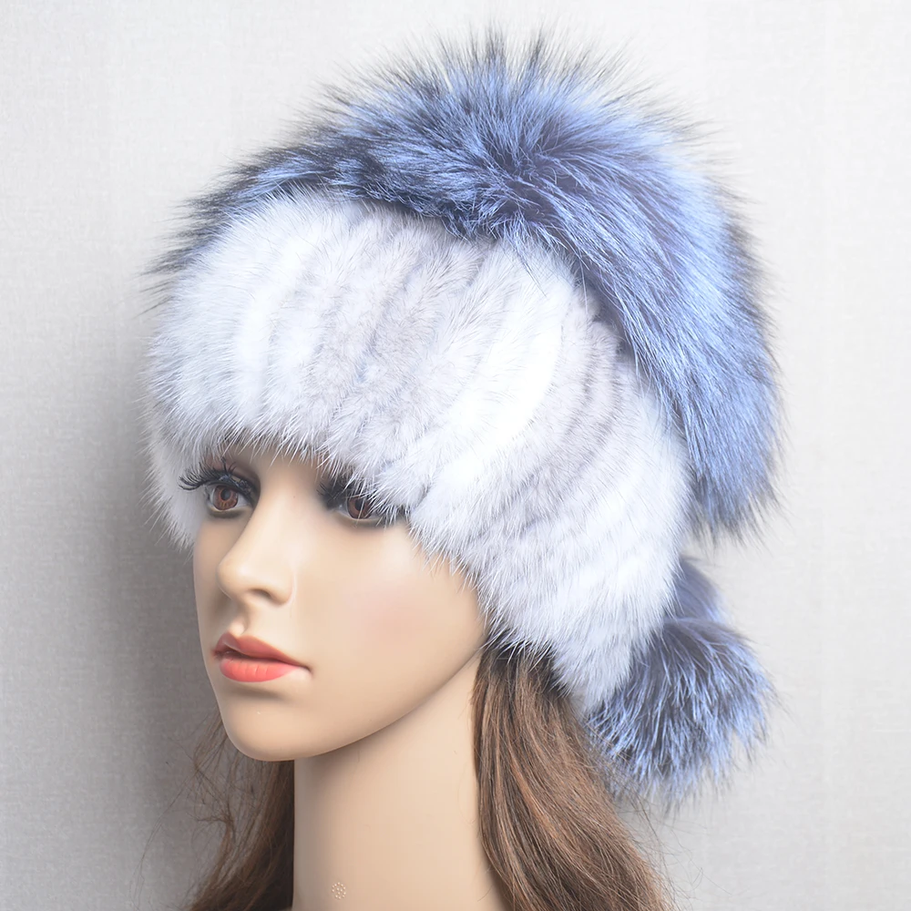 Luxury Lady Quality Elastic Real Mink Fur Caps Hand Knitted Winter Warm Women Real Mink Fur Bomber Hat Top Fox Fur Hats