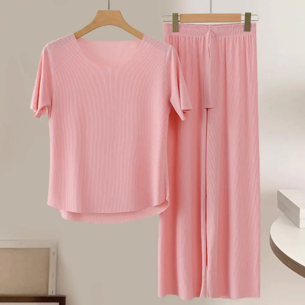 Conjunto pijama de seda gelo feminino, macio, pijamas amigáveis para a pele, respirável, sem costura, calças de perna larga, elástico, confortável