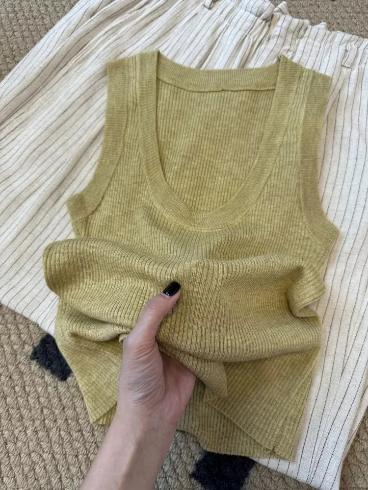 Quality Knitted Thin U-Neck Vest Top Yellow Linen Feel Outerwear 2026 New Wide Shoulder Strap Base Shirt Casual Commute Style
