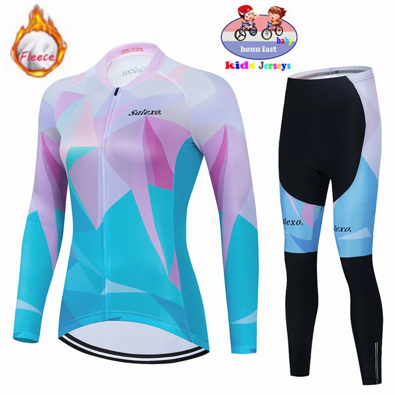 New 2023 Kids Winter Thermal Fleece Cycling Jersey Set MTB Bicycle Girl Cycling Clothes Warm Bike Children Cycling Clothing Suit