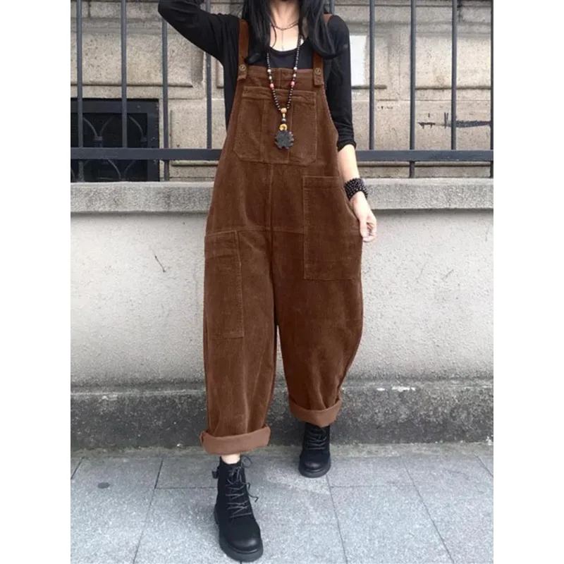 

Autumn Rompers Solid Wide Leg Playsuits Women Casual Straps Suspender Overalls Vintage Corduroy Jumpsuits Overszie 2024