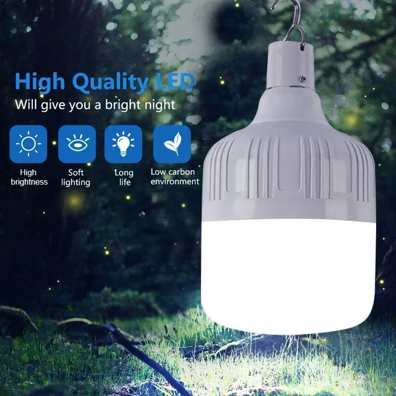 Luz de emergência LED portátil, carregamento USB, 200W, gancho, ajustável, barraca, churrasco, pesca, camping, ao ar livre