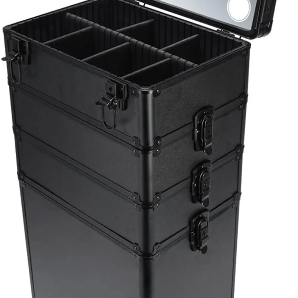 حقيبة تدريب مكياج 4 في 1 مع مرآة LED بثلاثة ألوان، منظم عربة دوارة لمحترفين التجميل، أسود