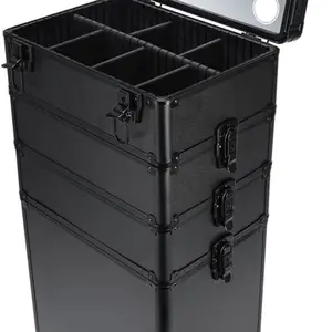 4-in-1 Makeup Train Case with 3-Color LED Mirror, Rolling Trolley Organizer for Beauty Professionals, Black