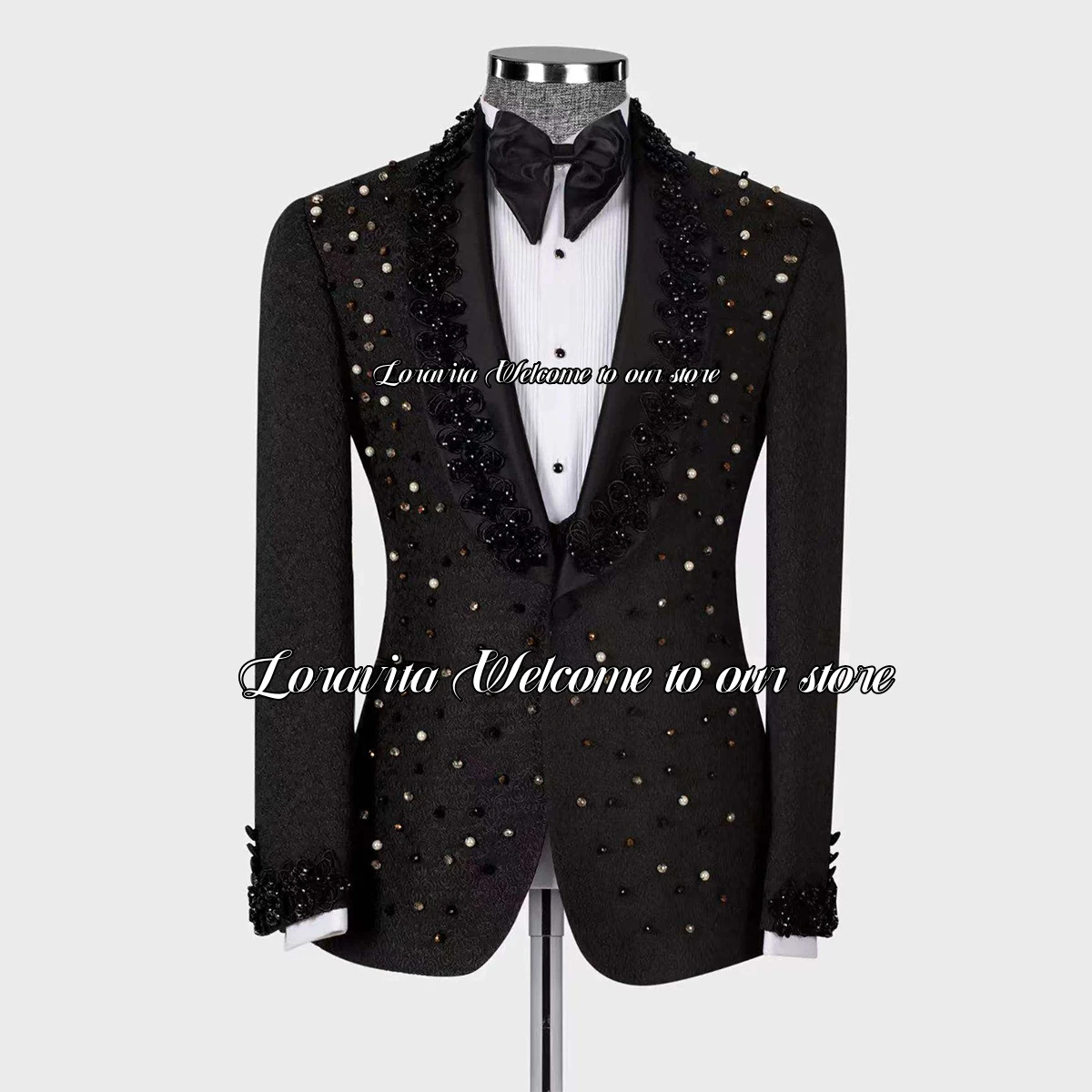 Luxury Beaded Stylish Sutis Black Crystal Embroidered Wedding Tuxedo for Men 3 Pieces Sets Male Prom Blazers Slim Costume Homme