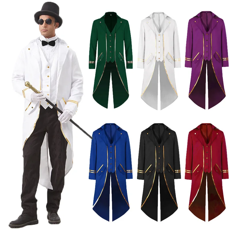 2025 Blue Halloween Medieval Gold Border Tuxedo for Men, Purple Medium Length Punk Gold Border Cosplay Performance Men's Jacket