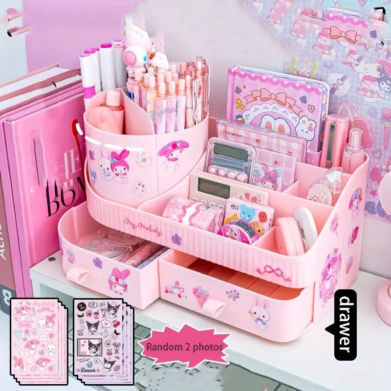 

Large Capacity Rotating Storage Box Featuring Hello Kitty, Melody, Kuromi, And Cinnamoroll for School And Office Supplies