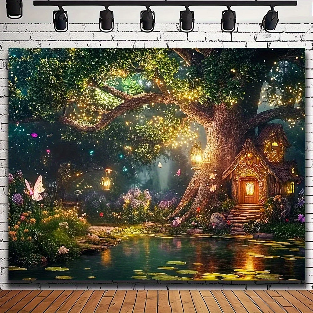 1pc Large Fairy Forest Wall Tapestry - Magical Glowing & Glowing Fairy Cottage, Lush Green Trees, Glowing Fairy - Easy Hang Past