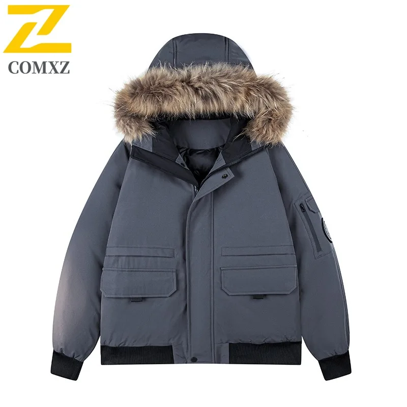 

COMXZ Men Parker Coat Workwear Fur Collar Thick Ski Travel Windproof High Quality Street Cotton Padded Jacket Snow Puffer Jacket