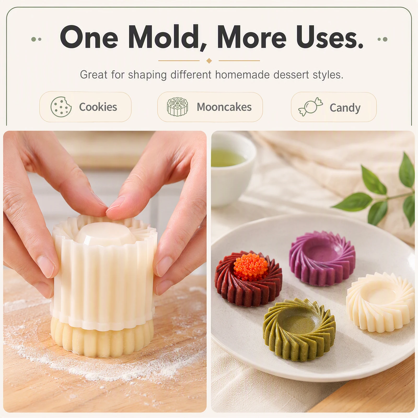 Detachable 2-in-1 Pastry Mold Stamp Mooncake Mold Set Double-Head Pastry Stamp Cookie Press with 50/100pcs Baking Cups for Bakin