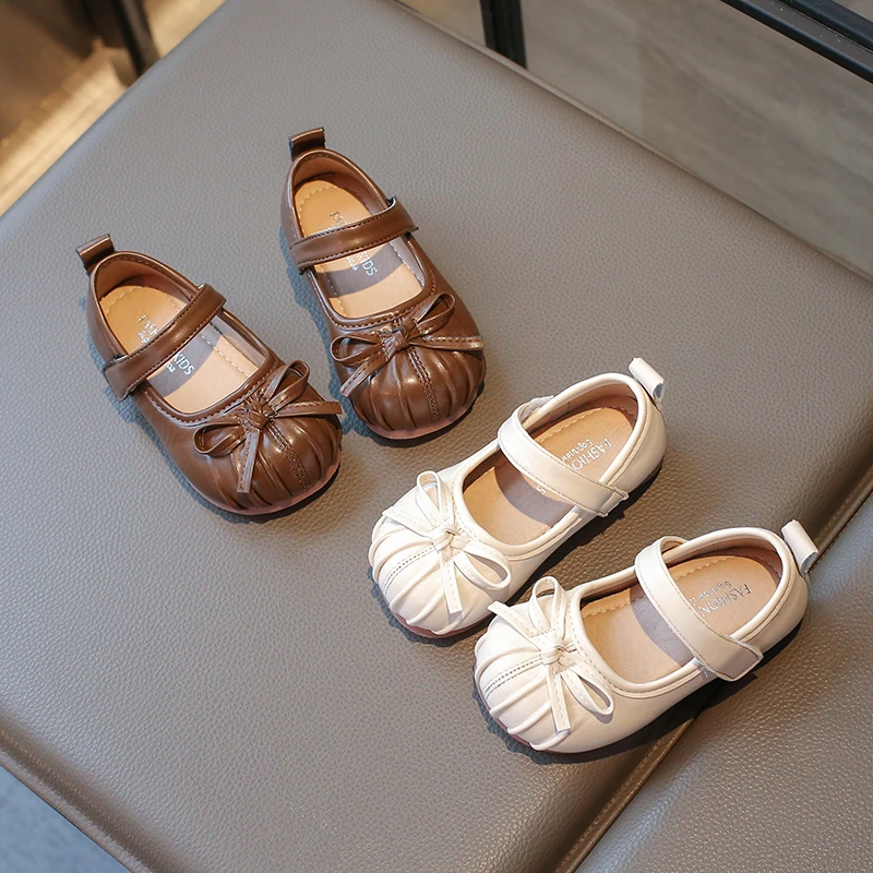 

Кожаная обувь для девочек, весна-осень 2023, новая мода, элегантная детская обувь принцессы с бантом, нескользящая детская обувь на плоской подошве