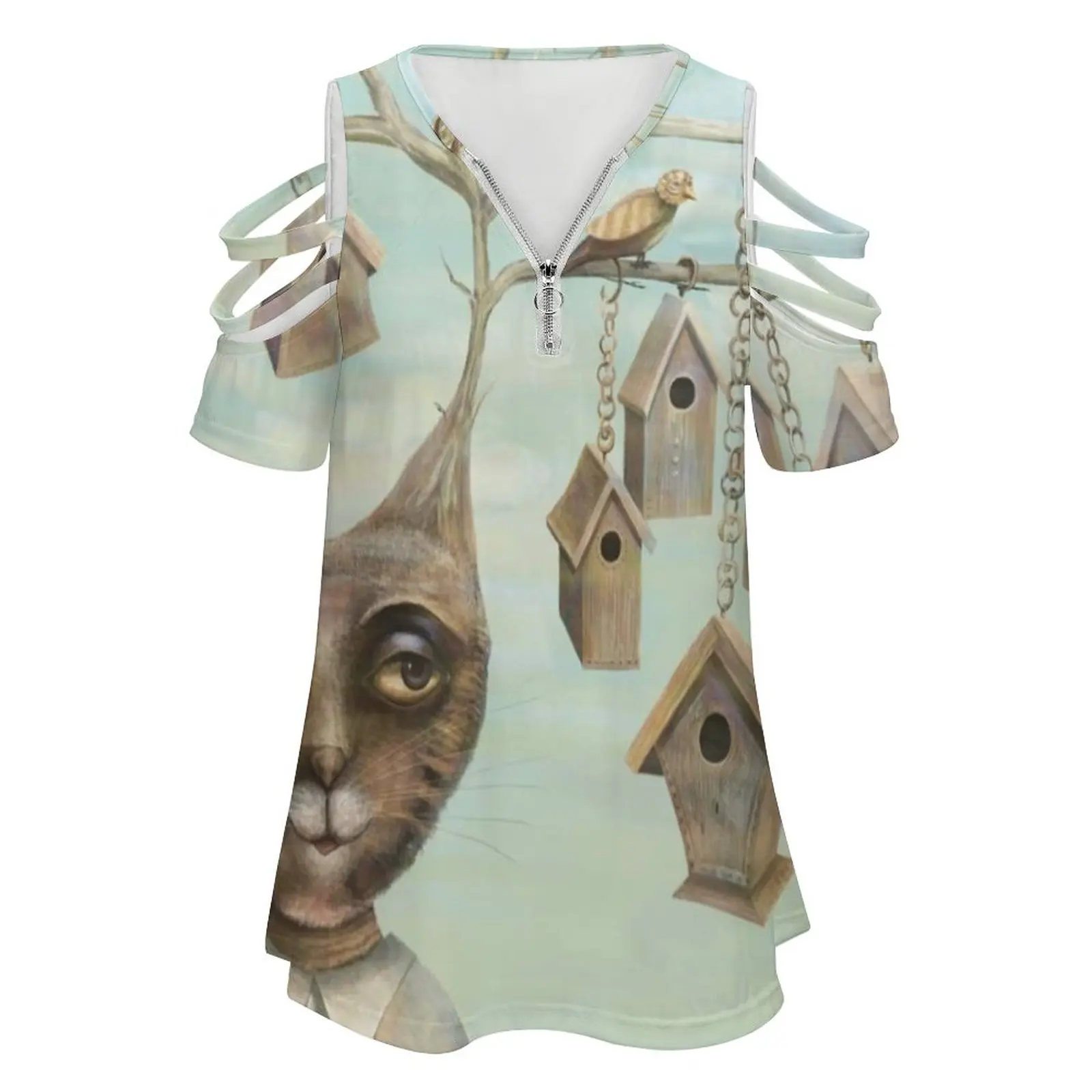 Bird Houses Woman's T-Shirt Spring And Summer Printed T Shirts Various styles T-shirts Cat Animals Birds Bird Houses Trees Sky