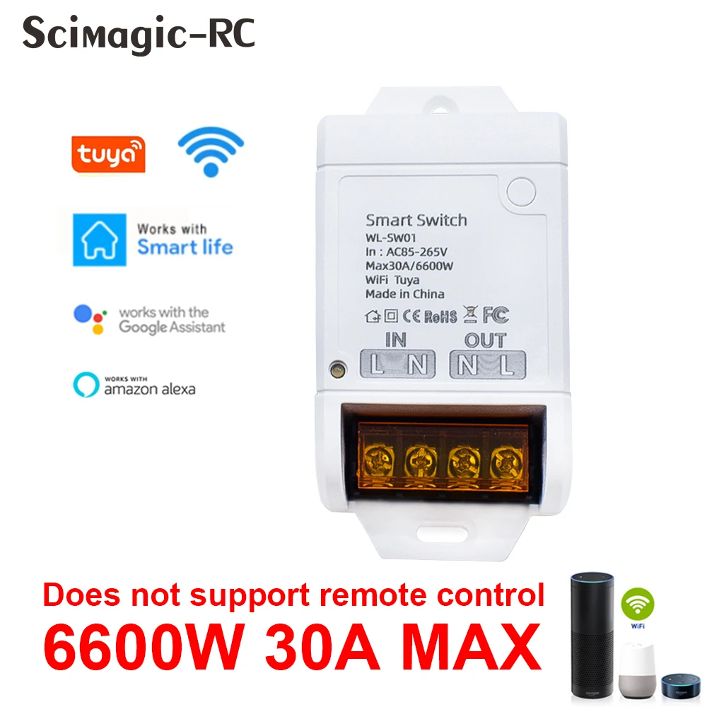 5pcs Tuya Wifi Smart Switch 20A 30A 6600W Relay Module 85-250V 220V Controller SmartLife Alexa Google Home Automation