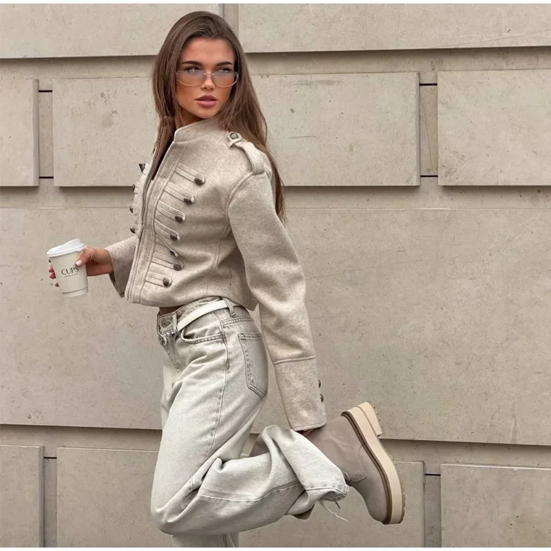 Napoleon Militär-Kurzjacke für Damen, Mehrfarbige Metall-Longsleeve-Jacken, Vintage-Oberbekleidung, Lässiger Schlanker Kurzmantel – Detail 14